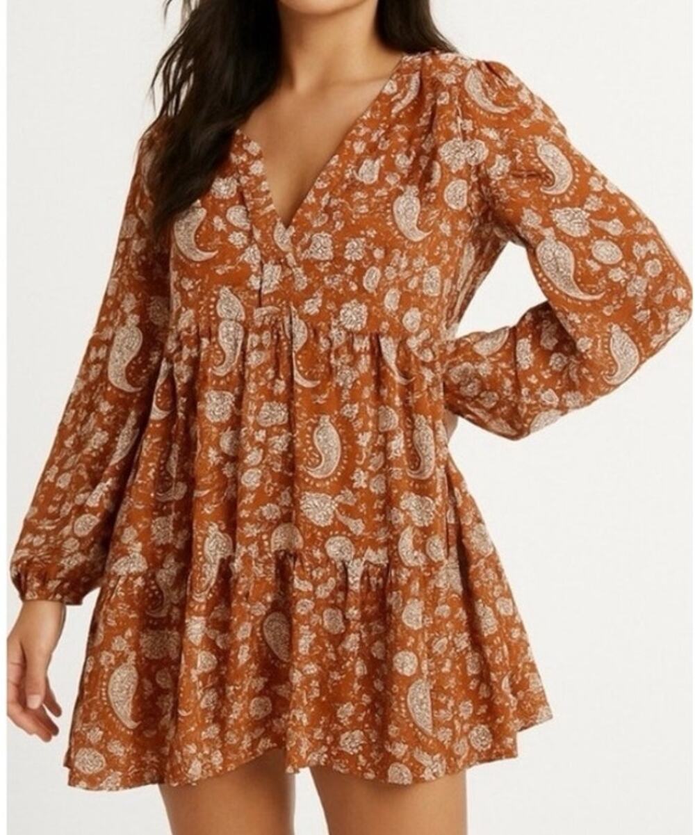 Melloday Baby Doll Dress Orange Paisley Long Sleeve Flowy Flattering Feminine